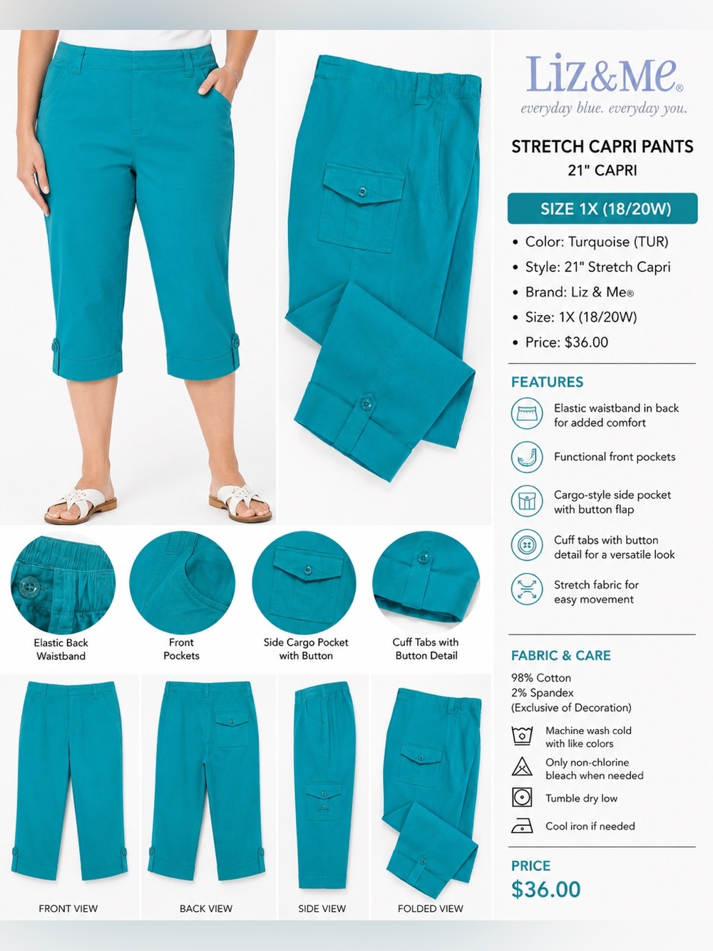 NWT Liz & Me Turquoise Elastic-Waist Capri Pants